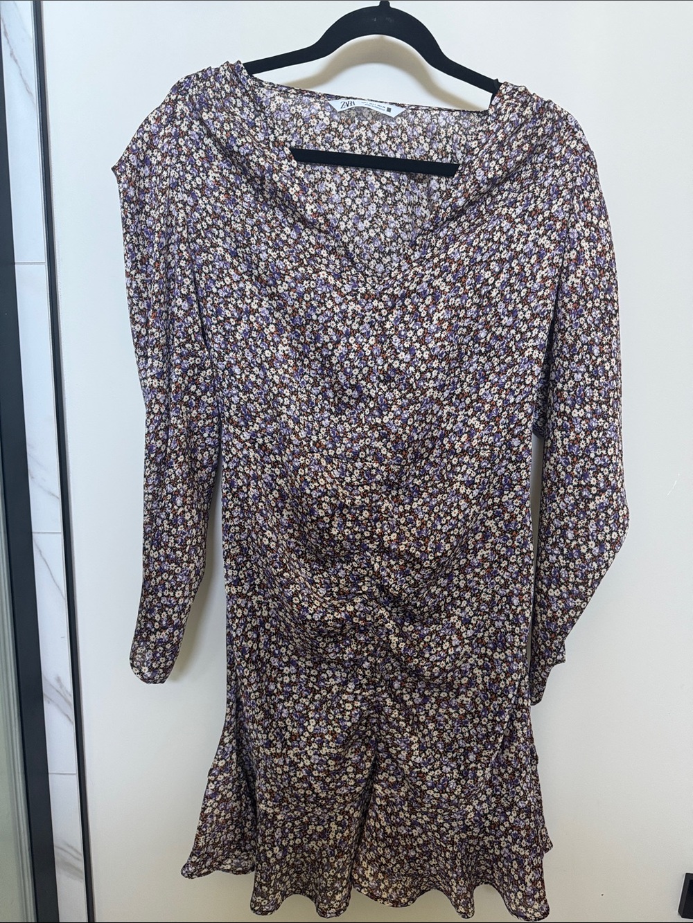 Zara Purple Floral V-Neck Long Sleeve Mini Dress - Picture 3 of 13